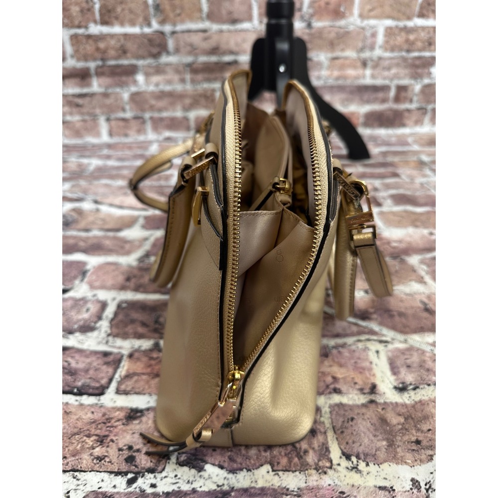 Calvin Klein Gold Metallic Pebbled Leather Satchel Crossbody Bag Convertible - Picture 12 of 16